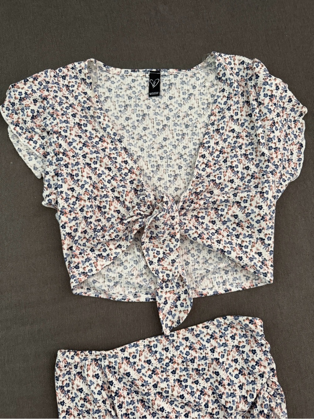 Floral Tie-Front Crop Top & Skirt Set - Blue & Cream - Picture 2 of 3